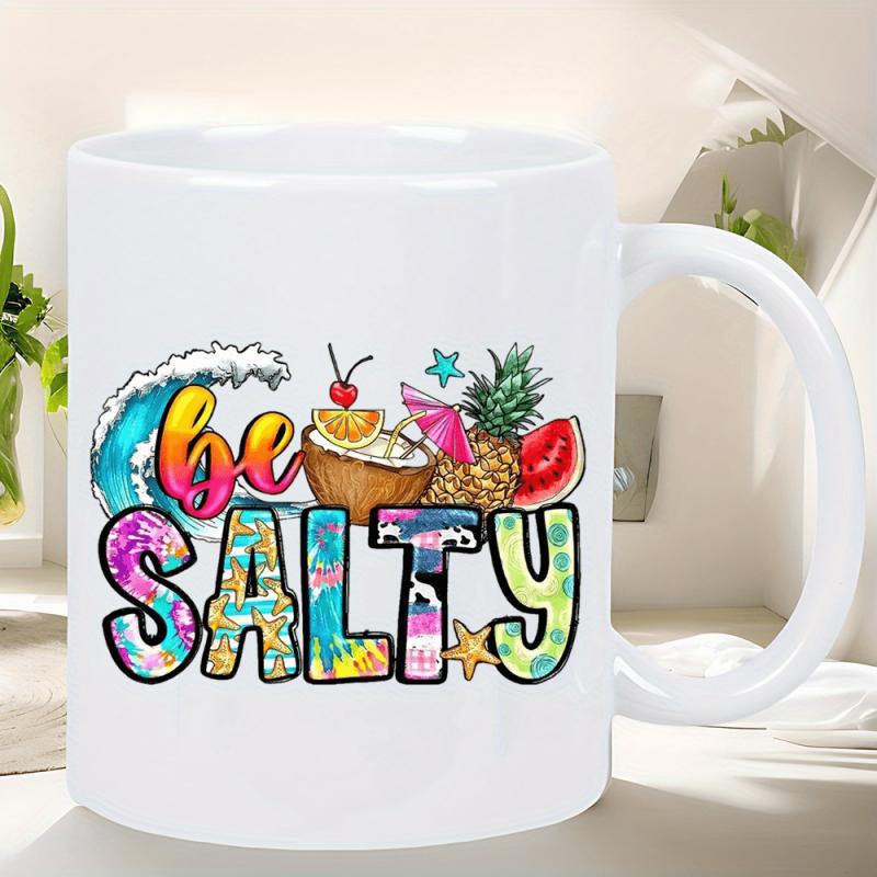 Tailorly White Ceramic 11 oz Mug - Be Salty Vibrant Tropical Elements With Ocean Wave Coconut And Sliced Watermelon Pineapple