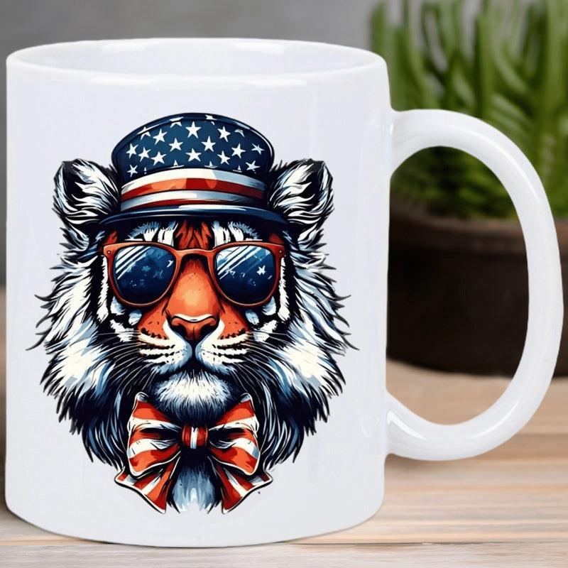 Tailorly White Ceramic 11 oz Mug - Patriotic American Flag Themed Hat And Sunglasses On A Majestic Tiger
