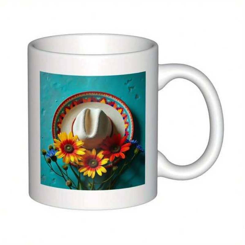 Tailorly White Ceramic 11 oz Mug - Vibrant Flowers Resting Against A Rustic Turquoise Wall Sombrero