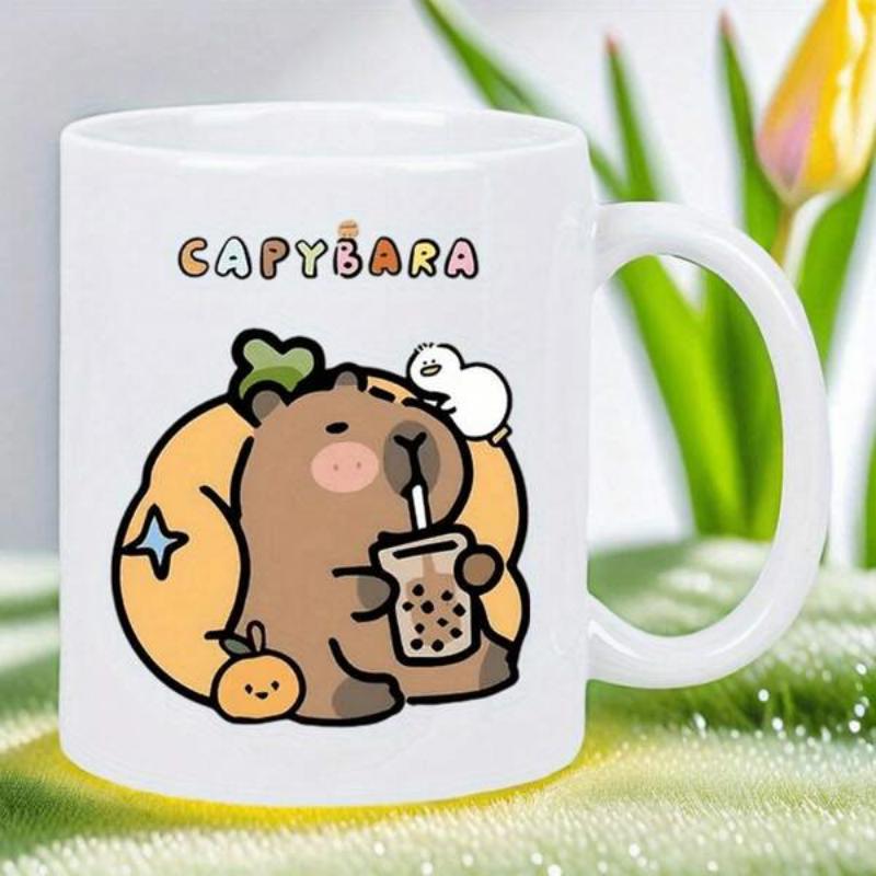 Tailorly White Ceramic 11 oz Mug - Capybara Adorable Character Enjoying Refreshing Bubble Tea With Little Orange Capybara