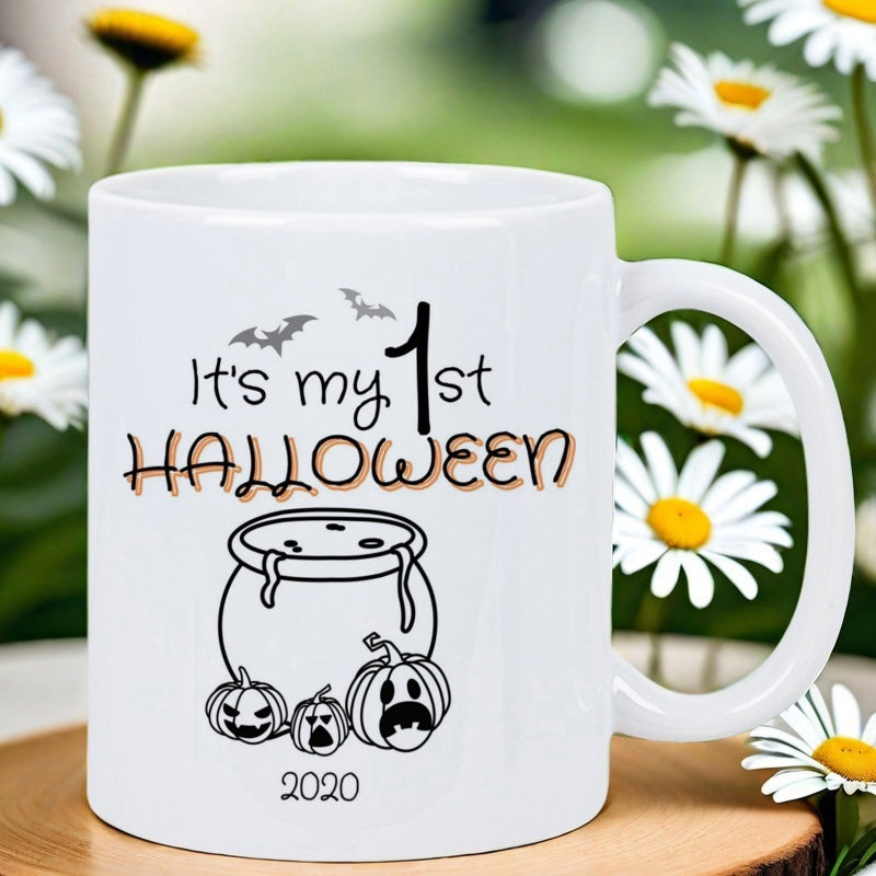 Tailorly White Ceramic 11 oz Mug - Its My 1st Halloween 2020 Flying Bats Bubbling Cauldron Among Three Spooky Jack O Lanterns Mug