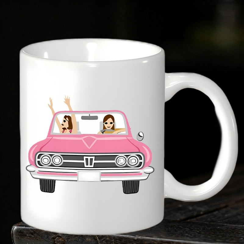 Tailorly White Ceramic 11 oz Mug - Two Stylish Girls Driving A Vibrant Pink Vintage Convertible Car