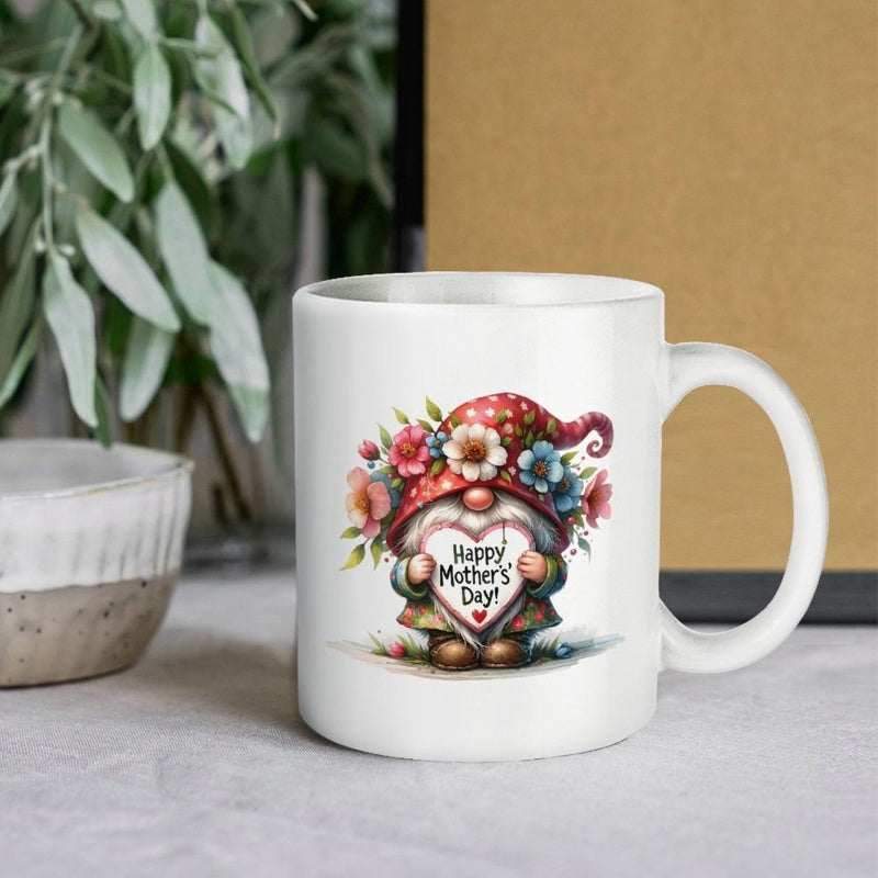 Tailorly White Ceramic 11 oz Mug - Happy Mothers Day Adorable Floral Garden Figure Holding Heart Under Polka Dot Hat Gnome