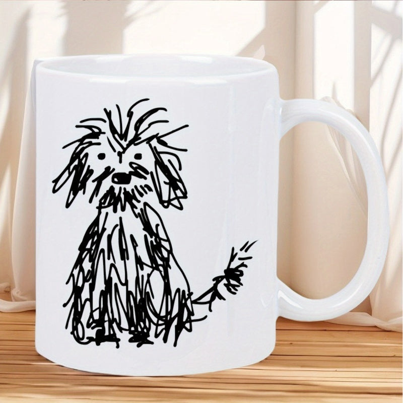 Tailorly White Ceramic 11 oz Mug - Minimalist Artistic Black Ink Sketch Of A Scruffy Messy Haired Cute Dog