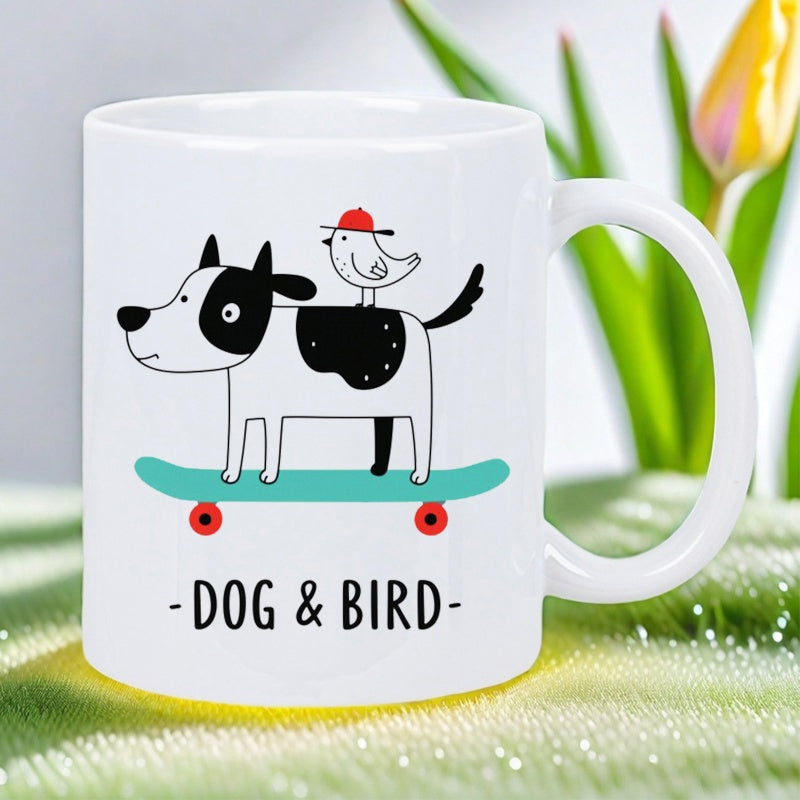 Tailorly White Ceramic 11 oz Mug - Dog Bird Playful Hand Drawn Cartoon Riding Skateboard Accompanied By Bird Dog