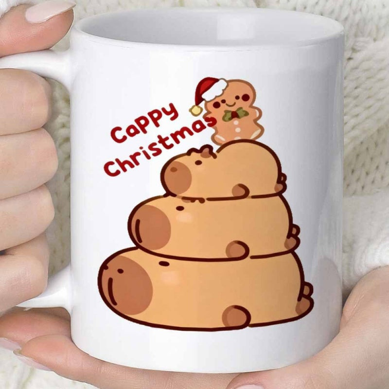 Tailorly White Ceramic 11 oz Mug - Cappy Christmas Three Adorable Stacked Cartoon Animals Wearing A Tiny Red Santa Hat Capybara