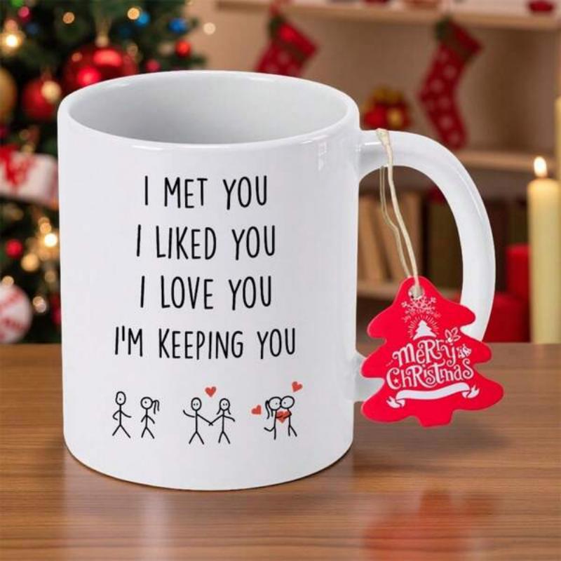 Tailorly White Ceramic 11 oz Mug - I Met You I Liked You I Love You Im Keeping You Minimalist Black Line Art Depicting A Romantic Relationship Progression Couple