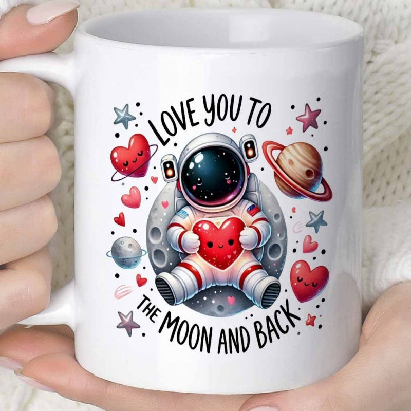 Tailorly White Ceramic 11 oz Mug - Love You To The Moon And Back Adorable Space Traveler Floating In Orbit Holding A Little Red Heart Astronaut