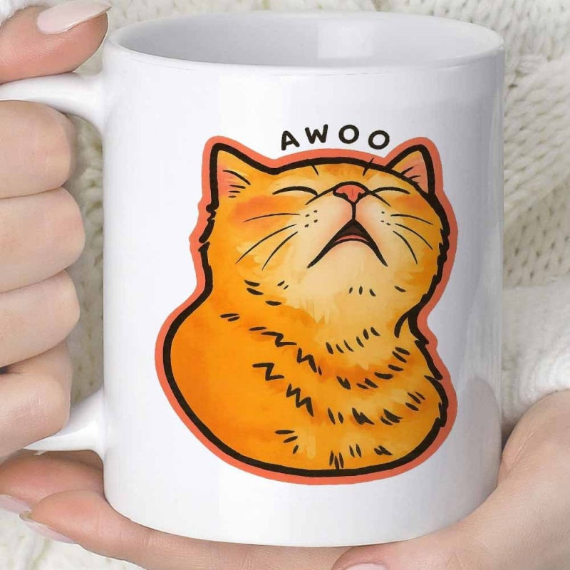 Tailorly White Ceramic 11 oz Mug - Awoo Chubby Orange Tabby Looking Upward With A Howling Expression Cat
