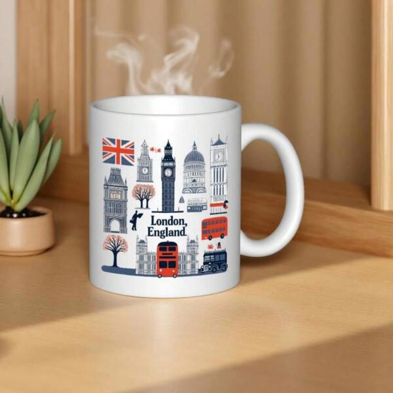 Tailorly White Ceramic 11 oz Mug - London England Iconic British Landmarks Including Big Ben And Red Double Decker Bus Landmark