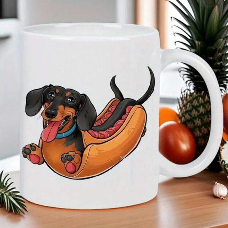 Tailorly White Ceramic 11 oz Mug - Adorable Cartoon Black And Tan Puppy Lying Inside Toasted Hot Dog Bun Dachshund