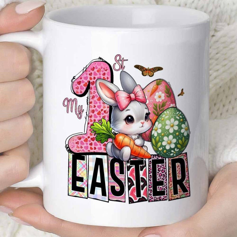 Tailorly White Ceramic 11 oz Mug - My 1st Easter Adorable Cartoon Rabbit Holding A Carrot Among Colorful Patterned Easter Eggs Bunny