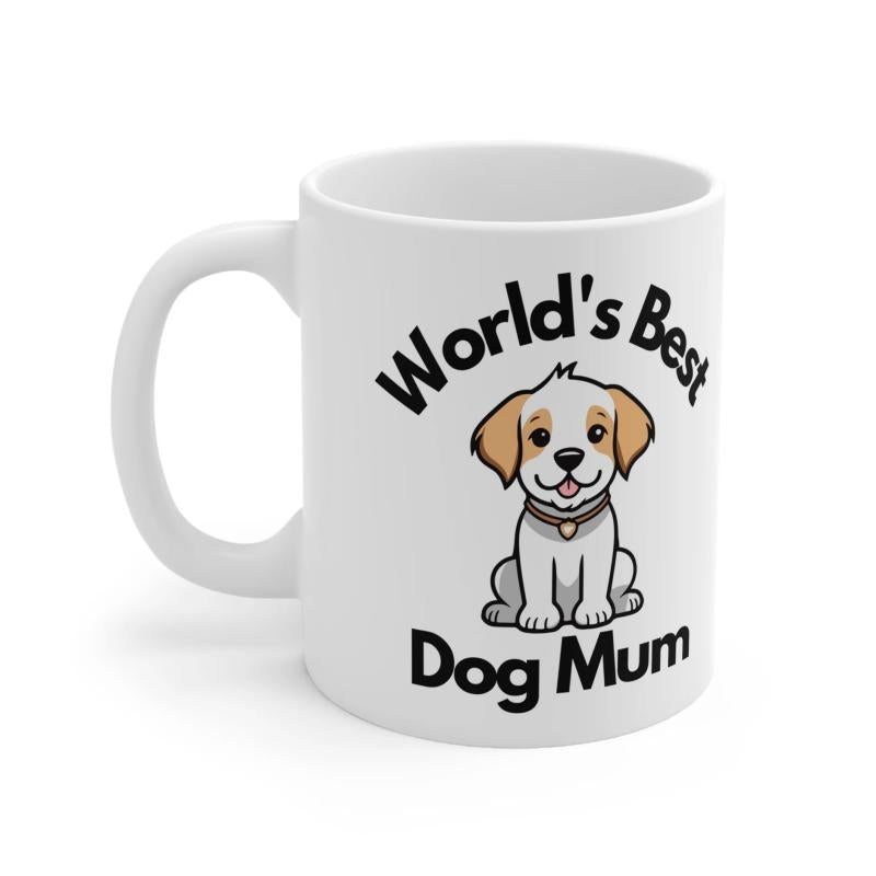 Tailorly White Ceramic 11 oz Mug - World's Best Dog Mum Adorable Cartoon Puppy Sitting Peacefully With A Charming Friendly Smile Puppy
