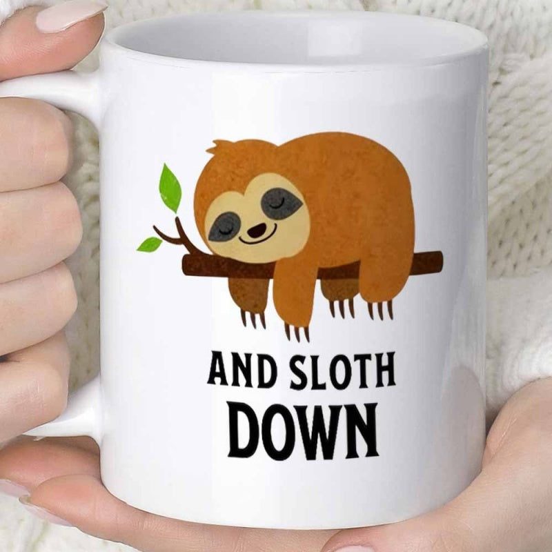 Tailorly White Ceramic 11 oz Mug - And Sloth Down Cute Cartoon Brown Sloth Resting Peacefully On A Tree Sloth