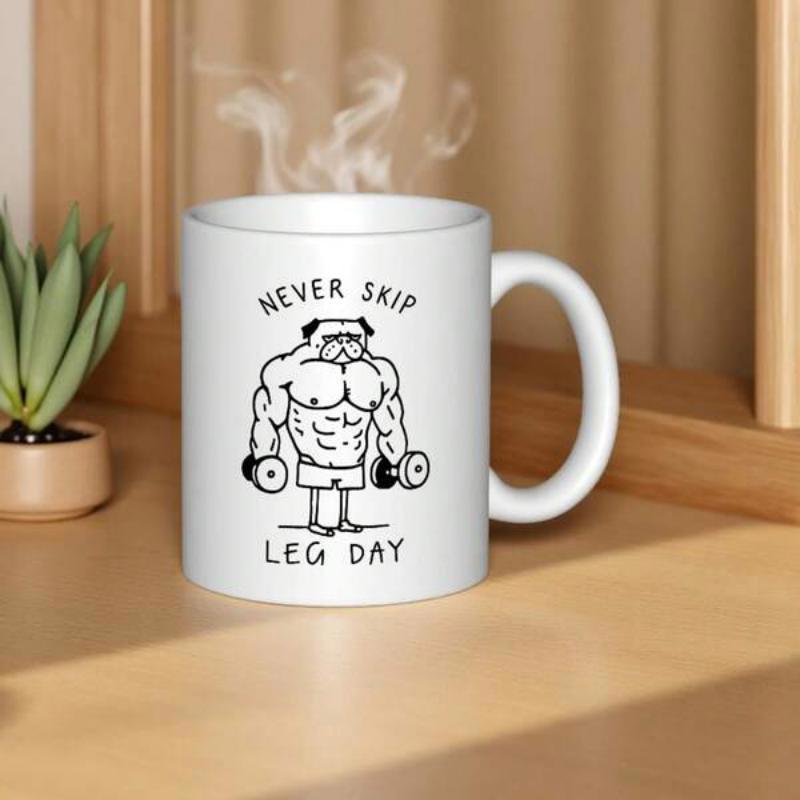 Tailorly White Ceramic 11 oz Mug - Never Skip Leg Day Muscular Cartoon Dog Lifting Heavy Dumbbells With Tiny Thin Legs Pug