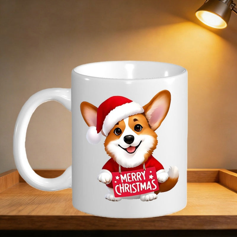 Tailorly White Ceramic 11 oz Mug - Merry Christmas Cute Festive Dog Wearing Red Santa Hat Holding Seasonal Sign Corgi