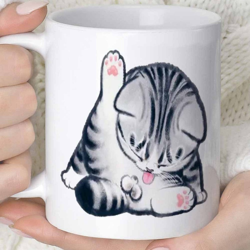 Tailorly White Ceramic 11 oz Mug - Adorable Playful Grey Tabby Kitten Grooming Its Paw With Pink Pads Cat