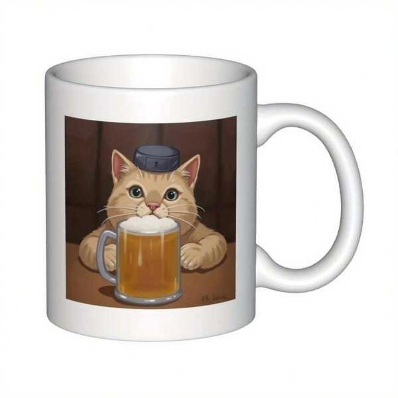 Tailorly White Ceramic 11 oz Mug - Charming Ginger Cat Wearing Small Blue Hat Sitting Behind Beer Mug Cat