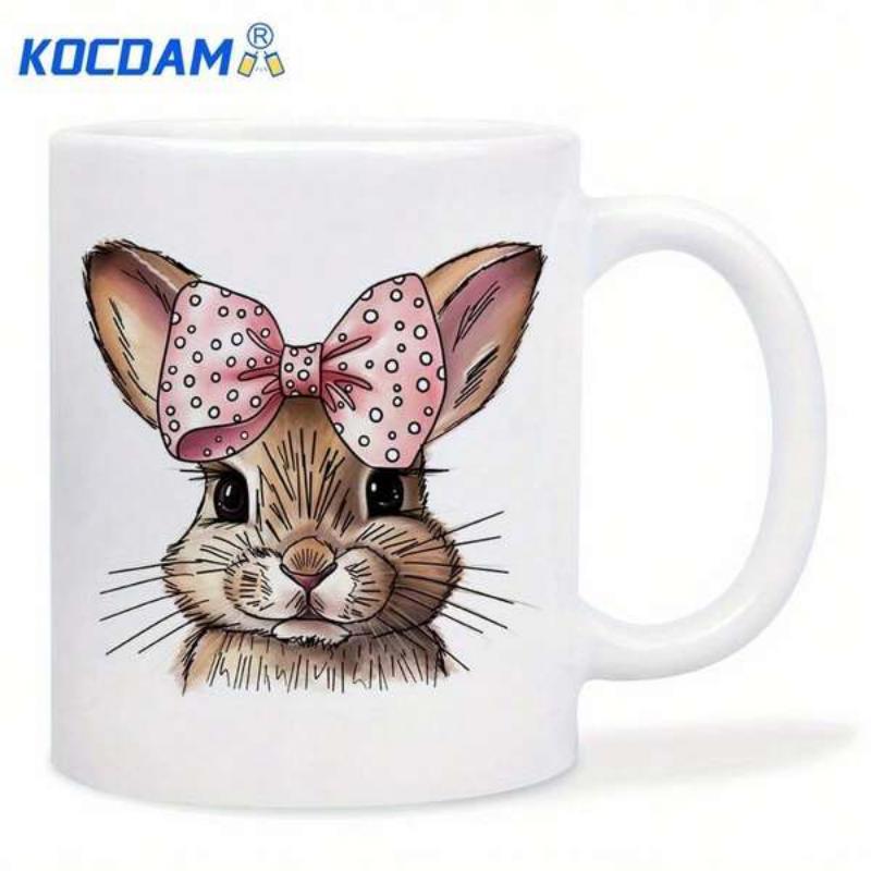 Tailorly White Ceramic 11 oz Mug - Adorable Hand Drawn Rabbit Wearing A Pretty Pink Polka Dot Bow Rabbit