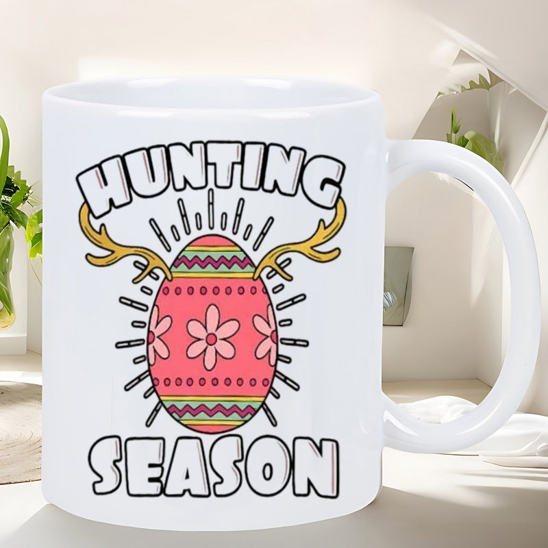 Tailorly White Ceramic 11 oz Mug - Hunting Season Festive Patterned Easter Egg Wearing Golden Antlers Among Radiant Sunbeams Egg