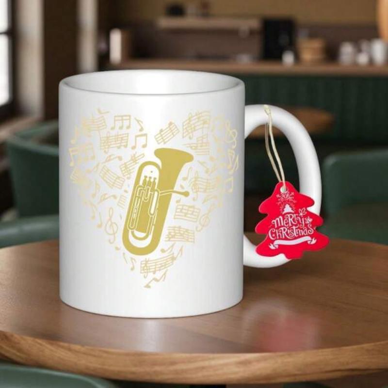 Tailorly White Ceramic 11 oz Mug - Merry Christmas Heart Shaped Pattern Composed Of Musical Notes Surrounding A Golden Brass Tuba