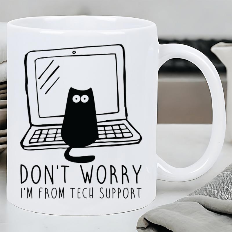 Tailorly White Ceramic 11 oz Mug - Don't Worry I'm From Tech Support Minimalist Black Cat Sitting Before A Hand Drawn Open Office Laptop Cat