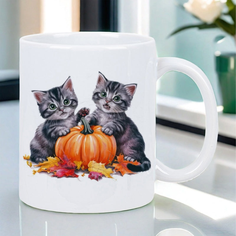Tailorly White Ceramic 11 oz Mug - Fluffy Grey Tabby Beside Vibrant Autumn Pumpkin Among Leaves Kittens