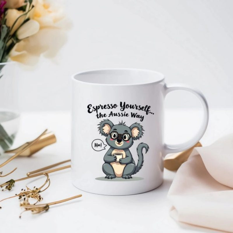 Tailorly White Ceramic 11 oz Mug - Espresso Yourself The Aussie Way Hi Adorable Grey Cartoon Character Holding A Warm Steaming Cup Of Coffee Koala