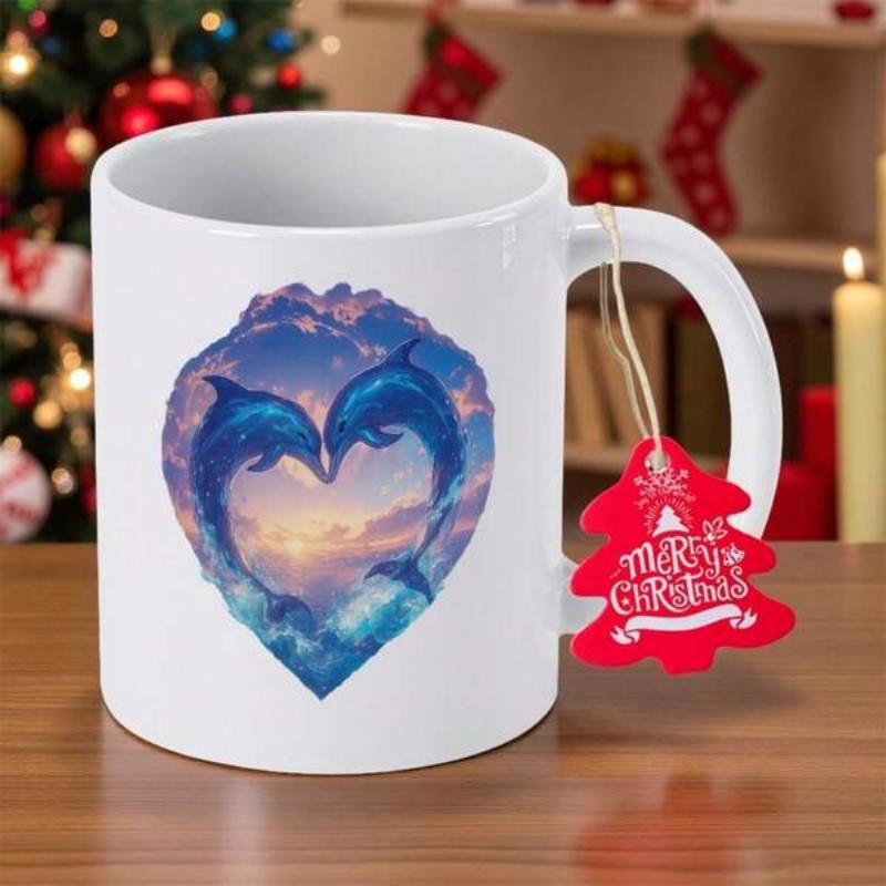 Tailorly White Ceramic 11 oz Mug - Two Graceful Blue Dolphins Jumping Over Shimmering Ocean Sunset Waves Dolphin