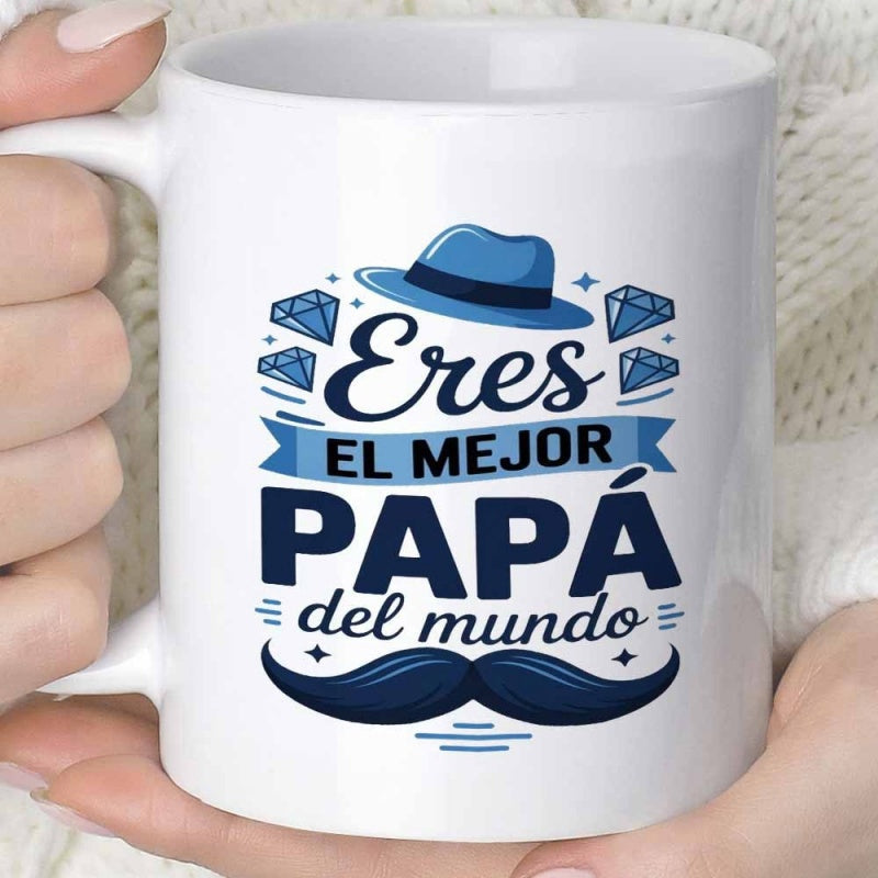 Tailorly White Ceramic 11 oz Mug - Classic Blue Fedora Hat With Diamonds And A Large Groomed Mustache