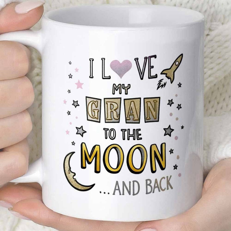 Tailorly White Ceramic 11 oz Mug - I Love My Gran To The Moon And Back Whimsical Little Stars With A Smiling Golden Crescent Moon