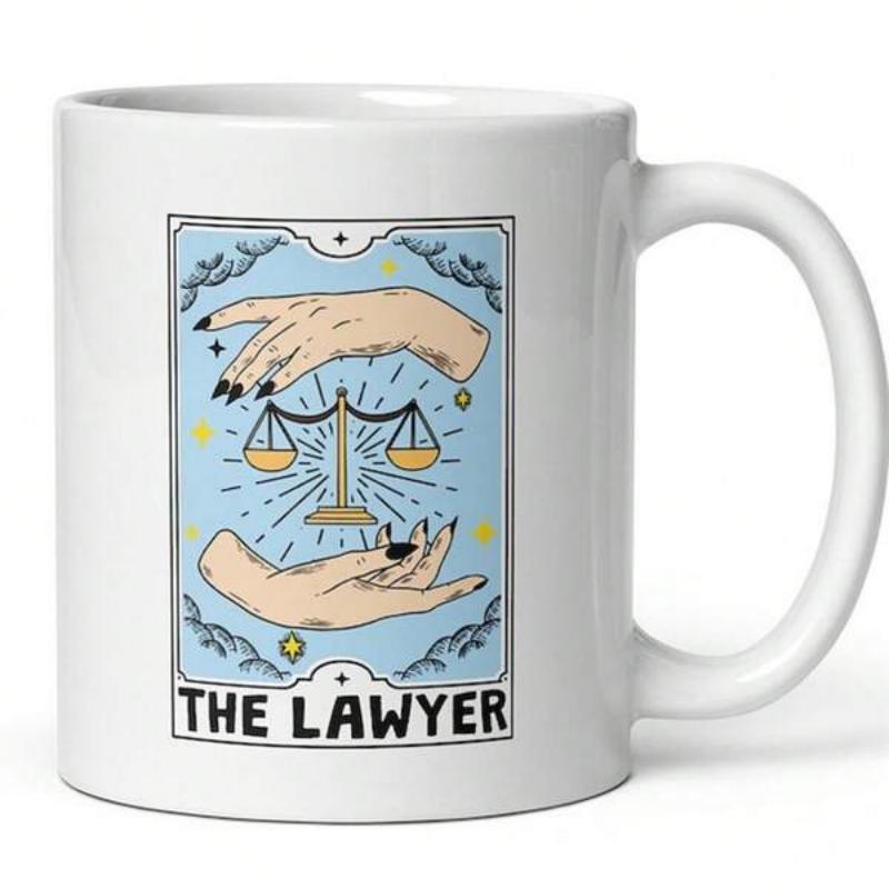 Tailorly White Ceramic 11 oz Mug - The Lawyer Artistic Tarot Card Style With Hands Framing Golden Justice Balance Scales