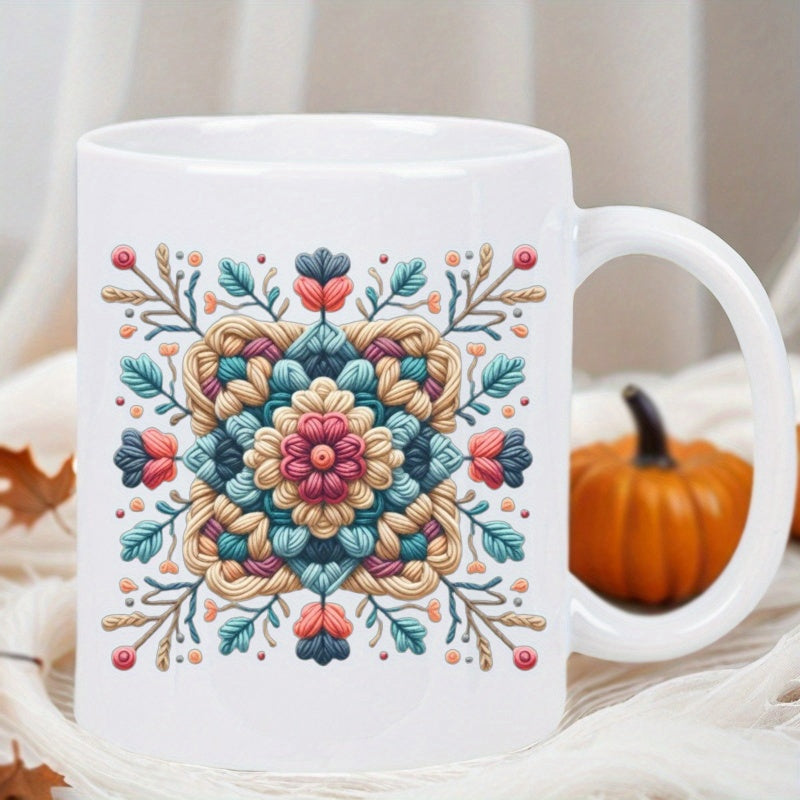 Tailorly White Ceramic 11 oz Mug - Intricate Symmetrical Floral Design With Soft Pastel Colors And Blooming Petals Mandala