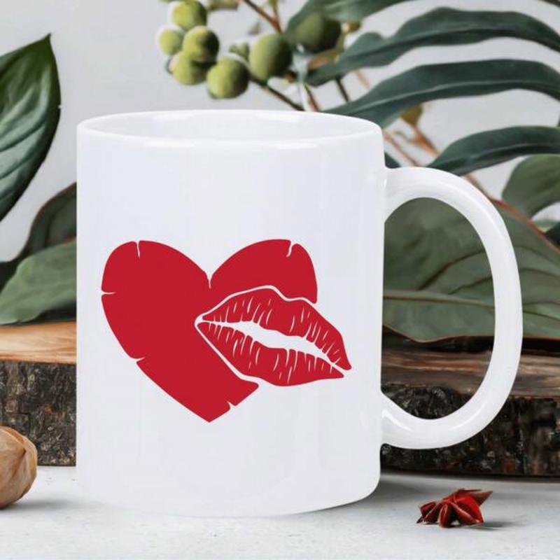 Tailorly White Ceramic 11 oz Mug - Passionate Red Artistic Design Featuring A Romantic Lips Symbol And Heart