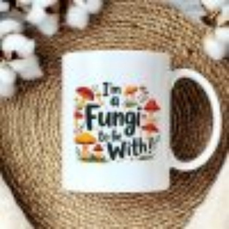 Tailorly White Ceramic 11 oz Mug - Im A Fungi To Be With Vibrant Forest Mushrooms Surrounding A Playful Pun Concept Mushroom