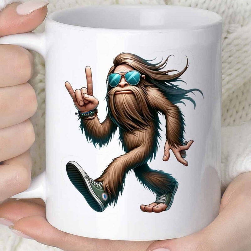 Tailorly White Ceramic 11 oz Mug - Cool Hairy Sasquatch Wearing Sunglasses Making Rock Gesture Walking In Sneakers Bigfoot