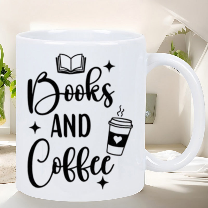 Tailorly White Ceramic 11 oz Mug - Books And Coffee Minimalist Reading Layout Featuring Steaming Cup And Open Book