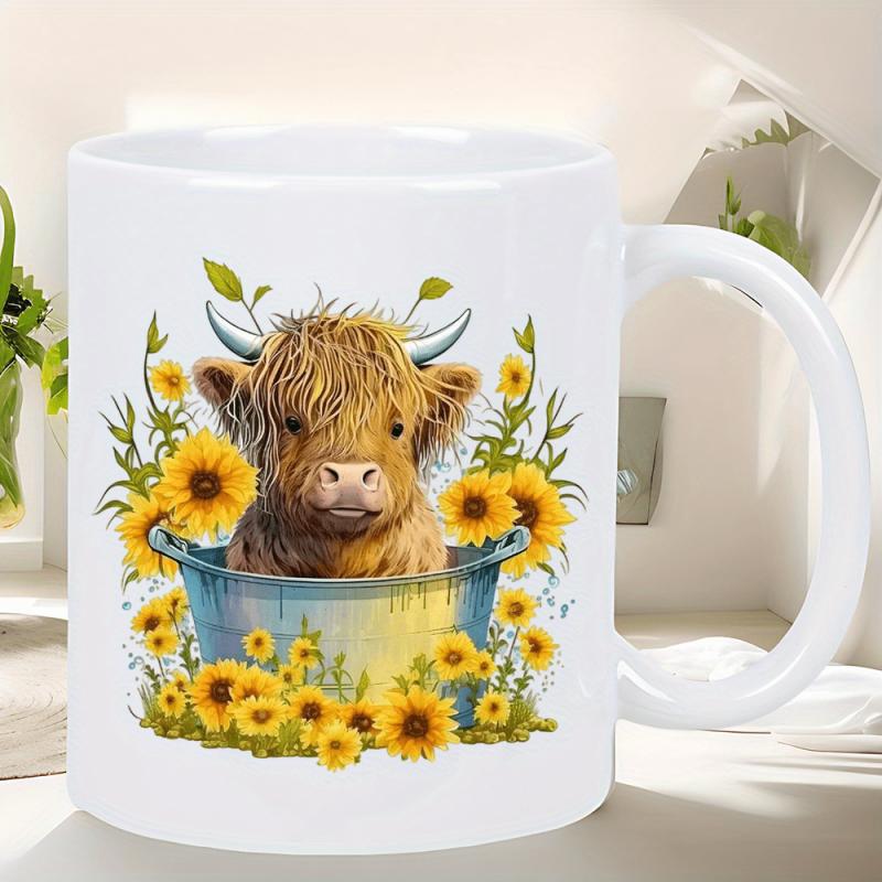 Tailorly White Ceramic 11 oz Mug - Adorable Fluffy Brown Highland Calf Sitting In Rustic Blue Tub Among Sunflowers Highland Cow