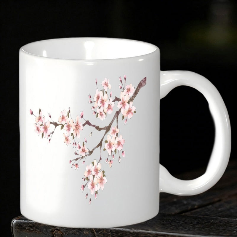 Tailorly White Ceramic 11 oz Mug - Delicate Pink Cherry Blossoms Blooming On A Slender Brown Branch Cherry Blossom