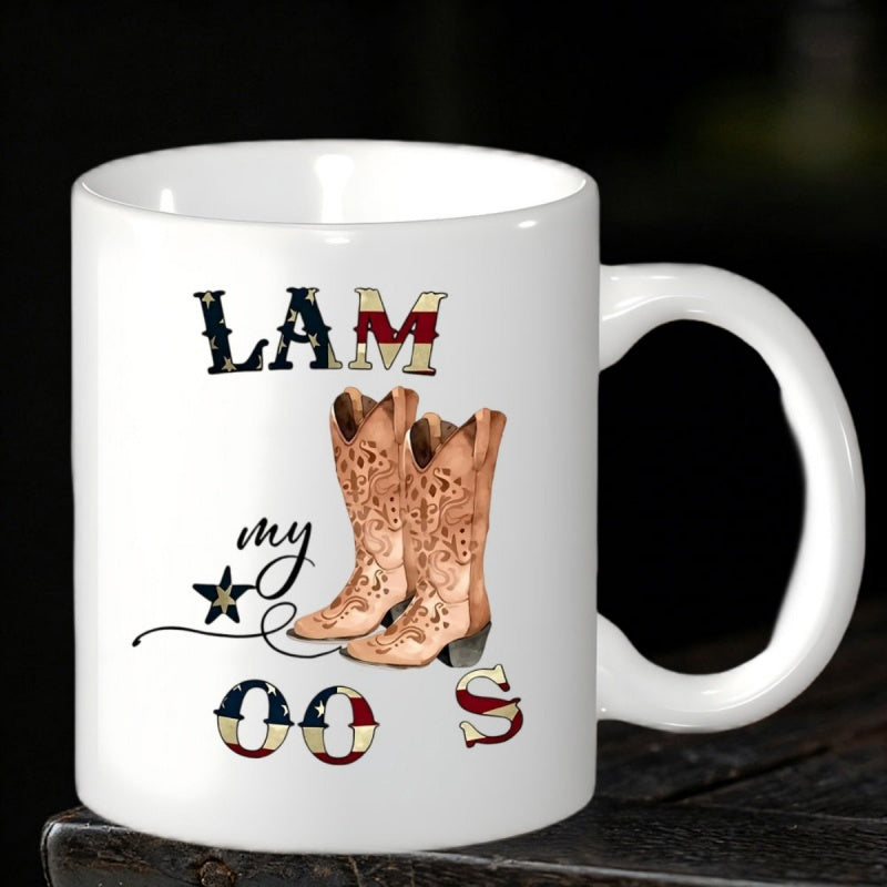 Tailorly White Ceramic 11 oz Mug - I Am My Boots Realistic Brown Leather Western Cowboy Boots With Ornate Floral Decorative Stitching Boots