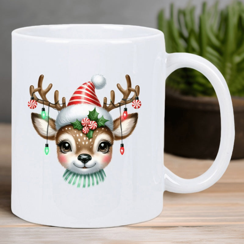 Tailorly White Ceramic 11 oz Mug - Cute Festive Fawn With Striped Santa Hat And Colorful Christmas Lights Reindeer