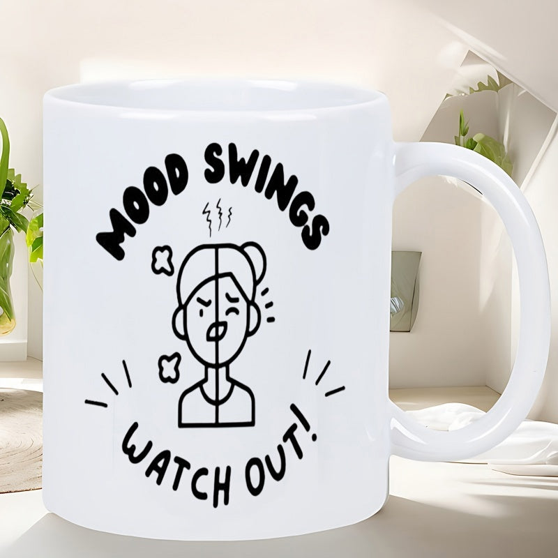 Tailorly White Ceramic 11 oz Mug - Mood Swings Watch Out Simple Black Line Art Depicting Emotional Facial Expressions Among Symbols Woman