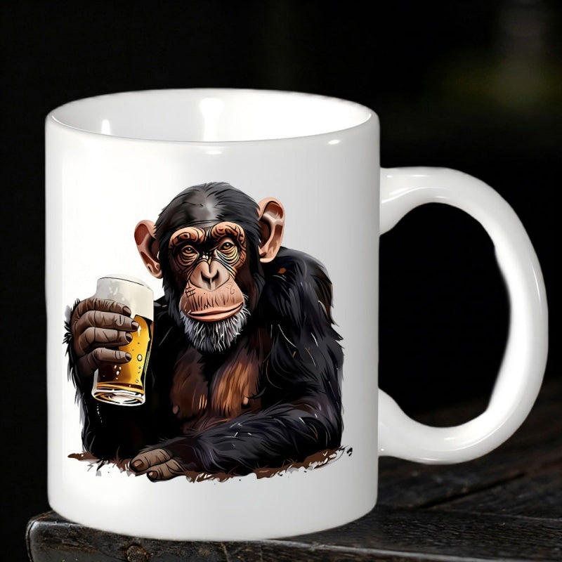 Tailorly White Ceramic 11 oz Mug - Realistic Black Fur Chimpanzee Holding A Foamy Glass Of Cold Beer Chimpanzee