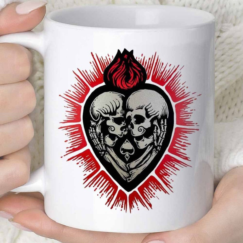 Tailorly White Ceramic 11 oz Mug - Two Skulls Facing Each Other Within Radiant Red Sunburst Patterned Heart