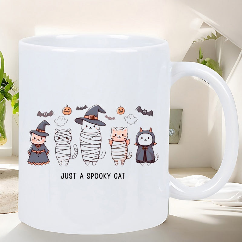 Tailorly White Ceramic 11 oz Mug - Just A Spooky Cat Adorable Cartoon Kittens Wearing Festive Costumes Among Small Flying Bats Cat