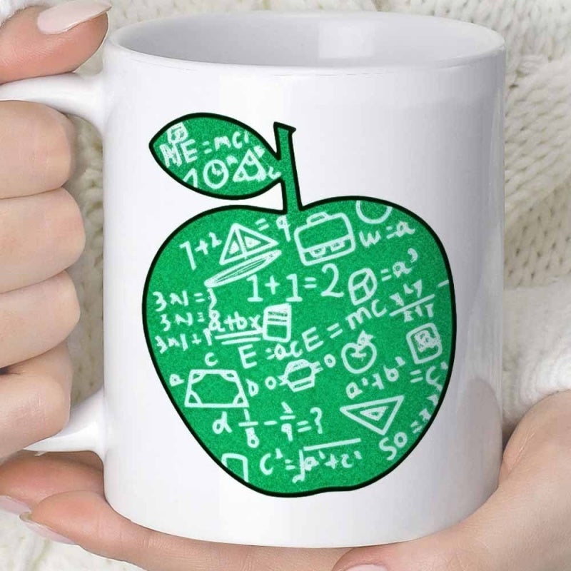 Tailorly White Ceramic 11 oz Mug - Vibrant Green Silhouette Filled With Scientific Formulas And Mathematical Equations Handdrawn Apple