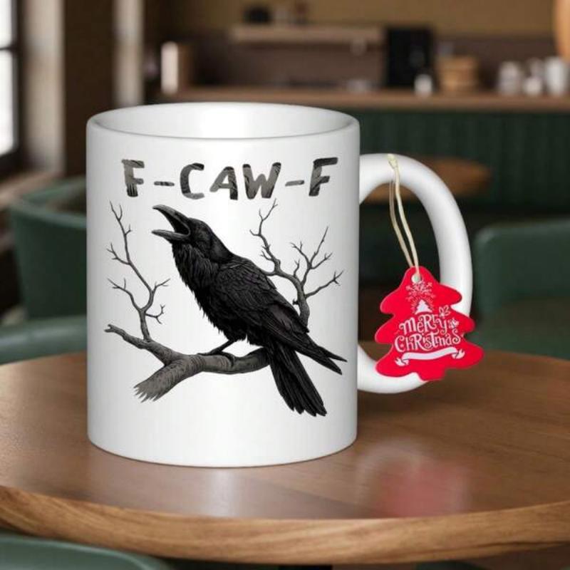 Tailorly White Ceramic 11 oz Mug - F Caw F Majestic Black Perched On Bare Winter Tree Branch Calling Raven