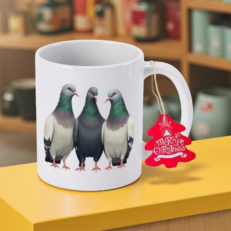 Tailorly White Ceramic 11 oz Mug - Merry Christmas Three Urban Birds Standing Together With Detailed Grey And Green Feathers Pigeon