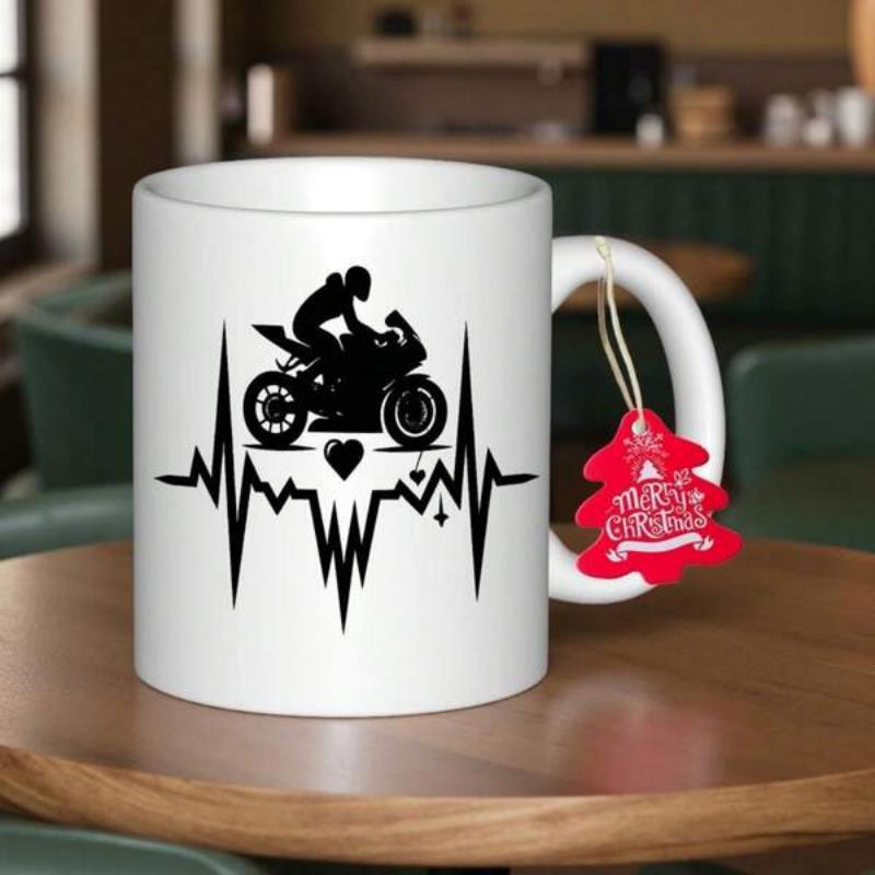 Tailorly White Ceramic 11 oz Mug - Sleek Sportbike Silhouette Riding Along A Dynamic Heartbeat EKG Pulse Rhythm Motorcycle
