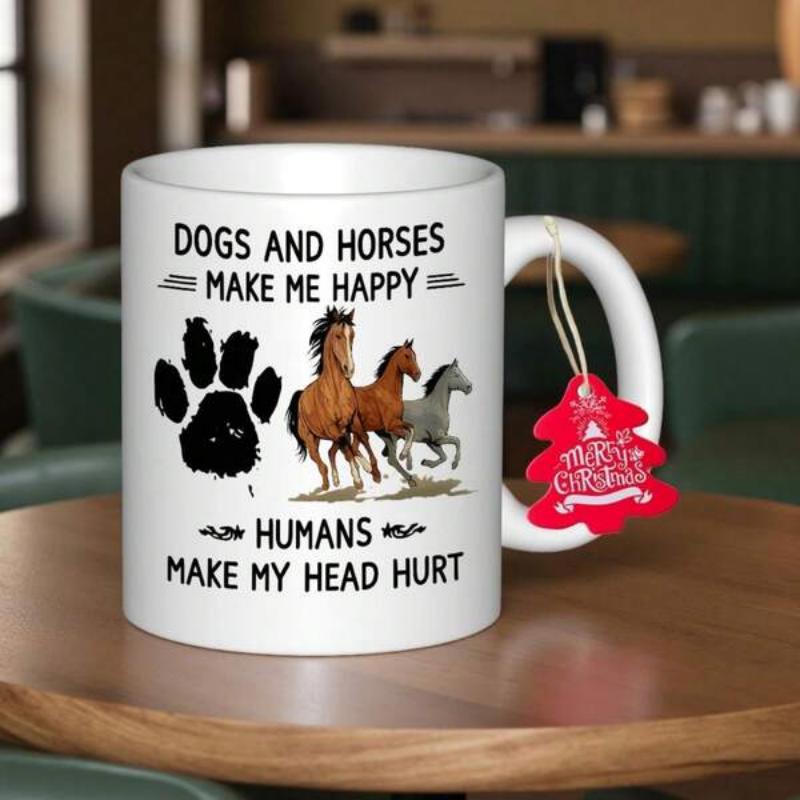 Tailorly White Ceramic 11 oz Mug - Dogs And Horses Make Me Happy Humans Make My Head Hurt Three Wild Horses Galloping Freely Beside A Large Black Paw Print Horse